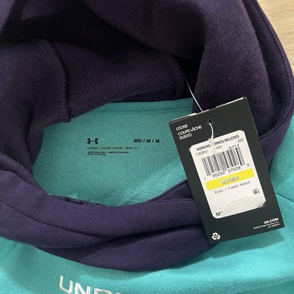 Under Armour Loose Hoodie Size Medium Raglan Cinch Hem Rival Fleece Colorblock - Picture 9 of 12